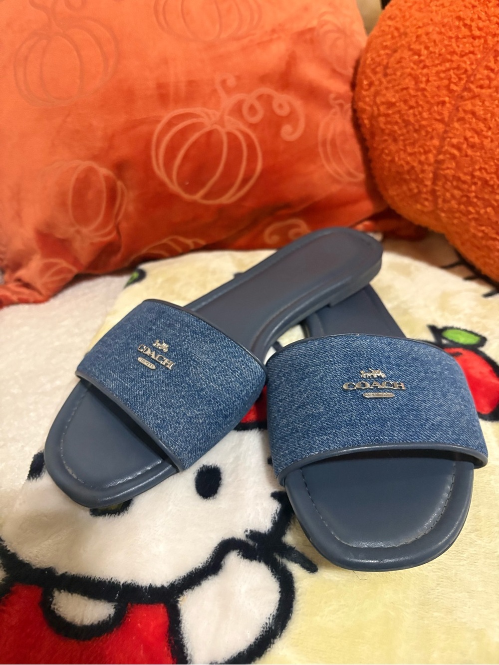 COACH Denim-Style Blue Slide Sandals with Gold Logo